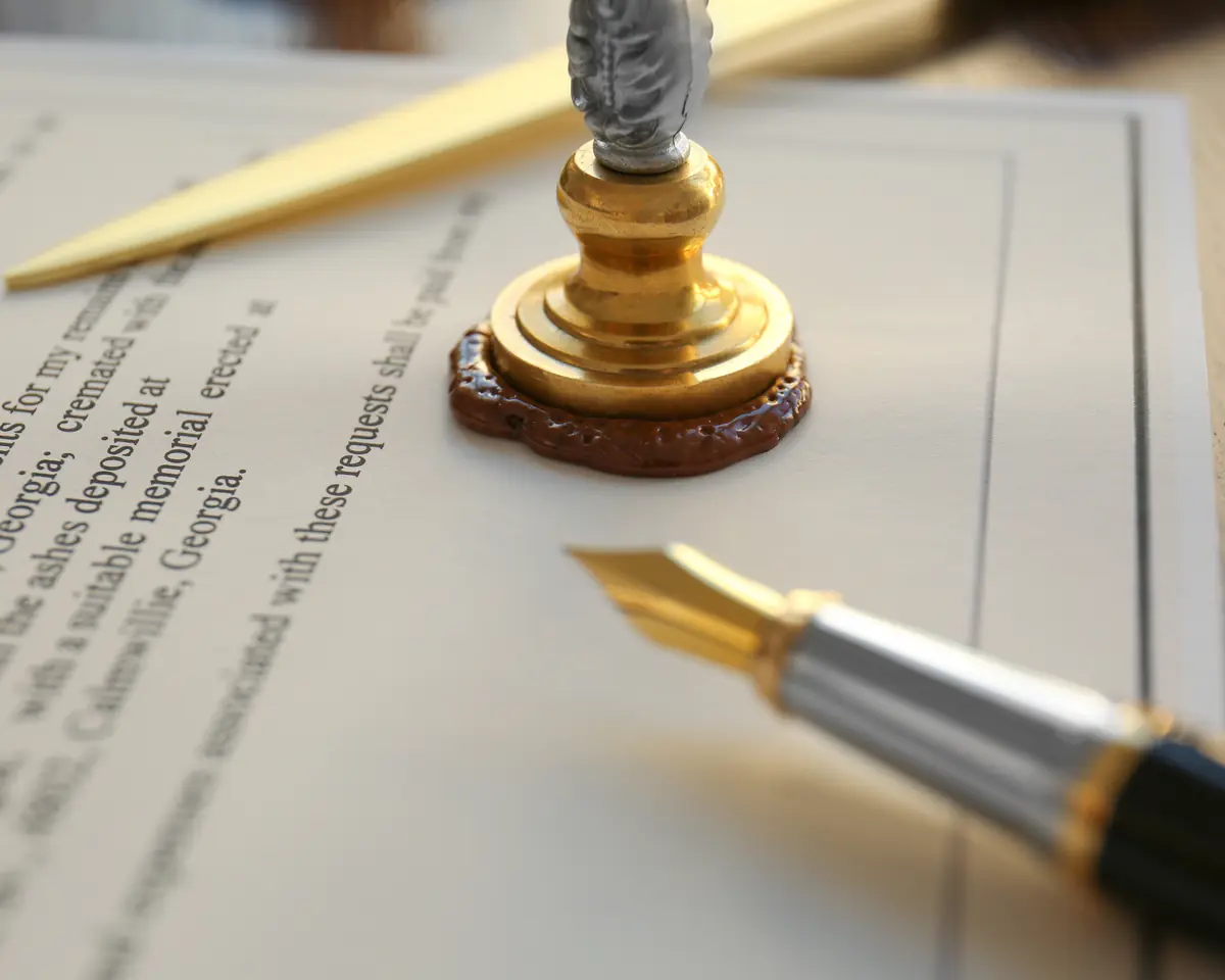 Wax seal and fountain pen on important documents
